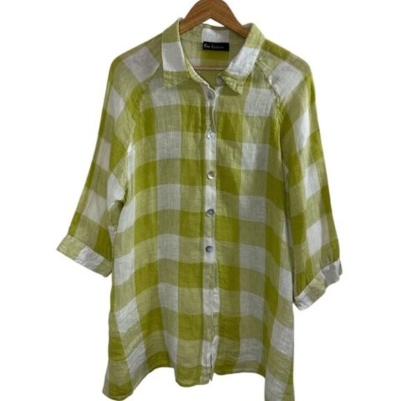 Eco Leinen 100% Linen Green and White Checkered Gingham Button Up Shirt Size L - Picture 1 of 9